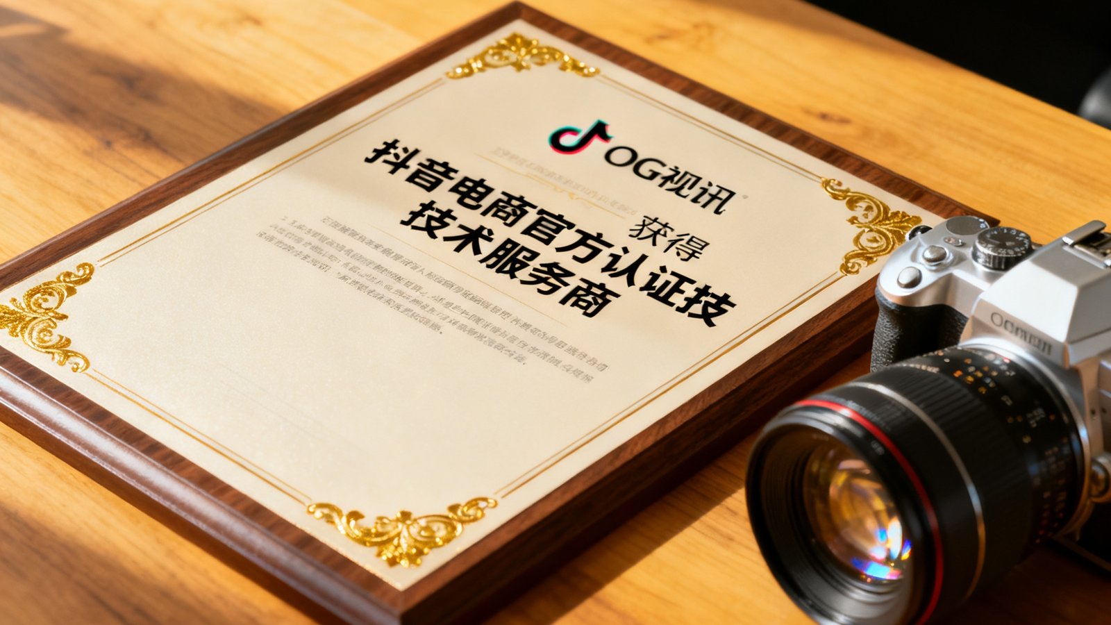 OG视讯获得的抖音电商官方认证技术服务商证书特写，证书摆放在木质办公桌上，旁边放置着摄像机镜头。